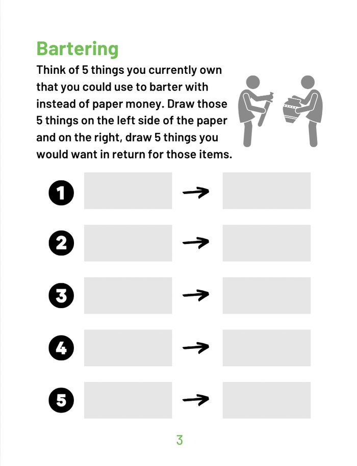 Bartering activity page: draw five things you own and five things you'd trade them for