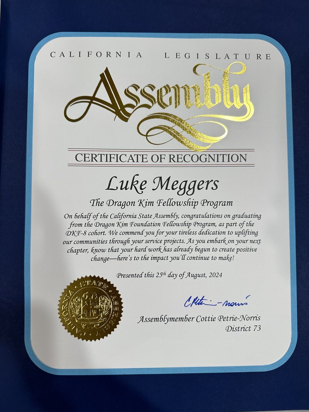 California State Assembly Certificate of Recognition awarded to Luke Meggers