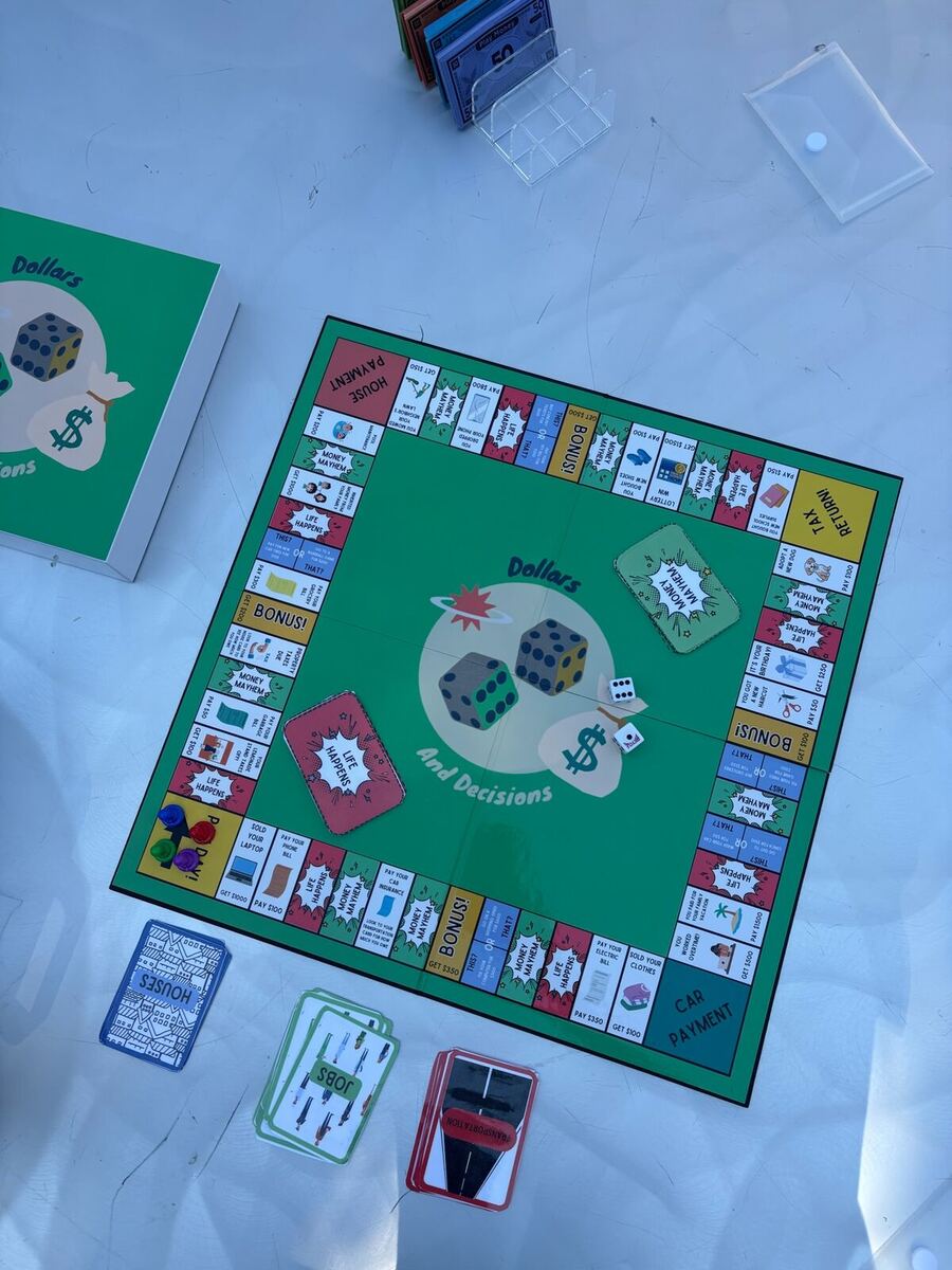 The Dollars and Decisions game board: a loop of spaces like Pay Day, Bonus, Life Happens, Money Mayhem, Tax Return, House Payment and Car Payment