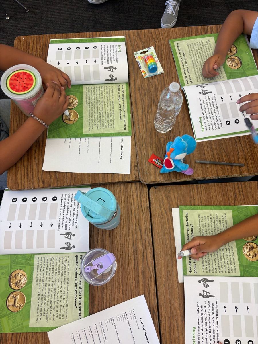 Workbooks and pens at the table